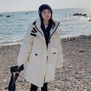 韩系白色羽绒棉服女高级感爆款w连帽2024冬季新款加厚中长款面包