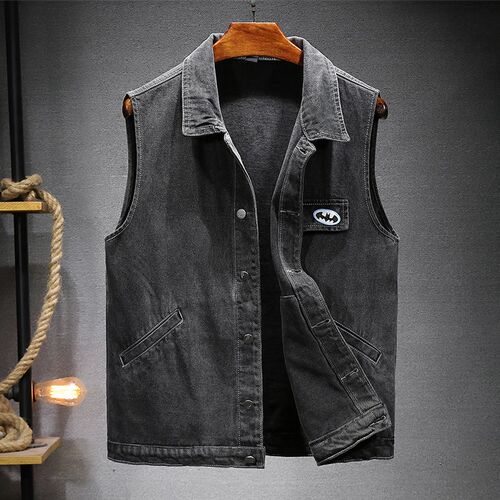 春秋黑灰色牛仔马甲男机车外穿无袖坎肩宽松大码工装马夹褂子潮流
