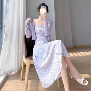 碎花吊带连衣裙夏季 裙子女 新款 过膝温柔风小清新甜美收腰显瘦套装