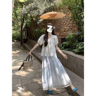 两件套 甜美学院风蕾丝衫 花边半身裙套装 女多巴胺穿搭夏季 绣花衬衫