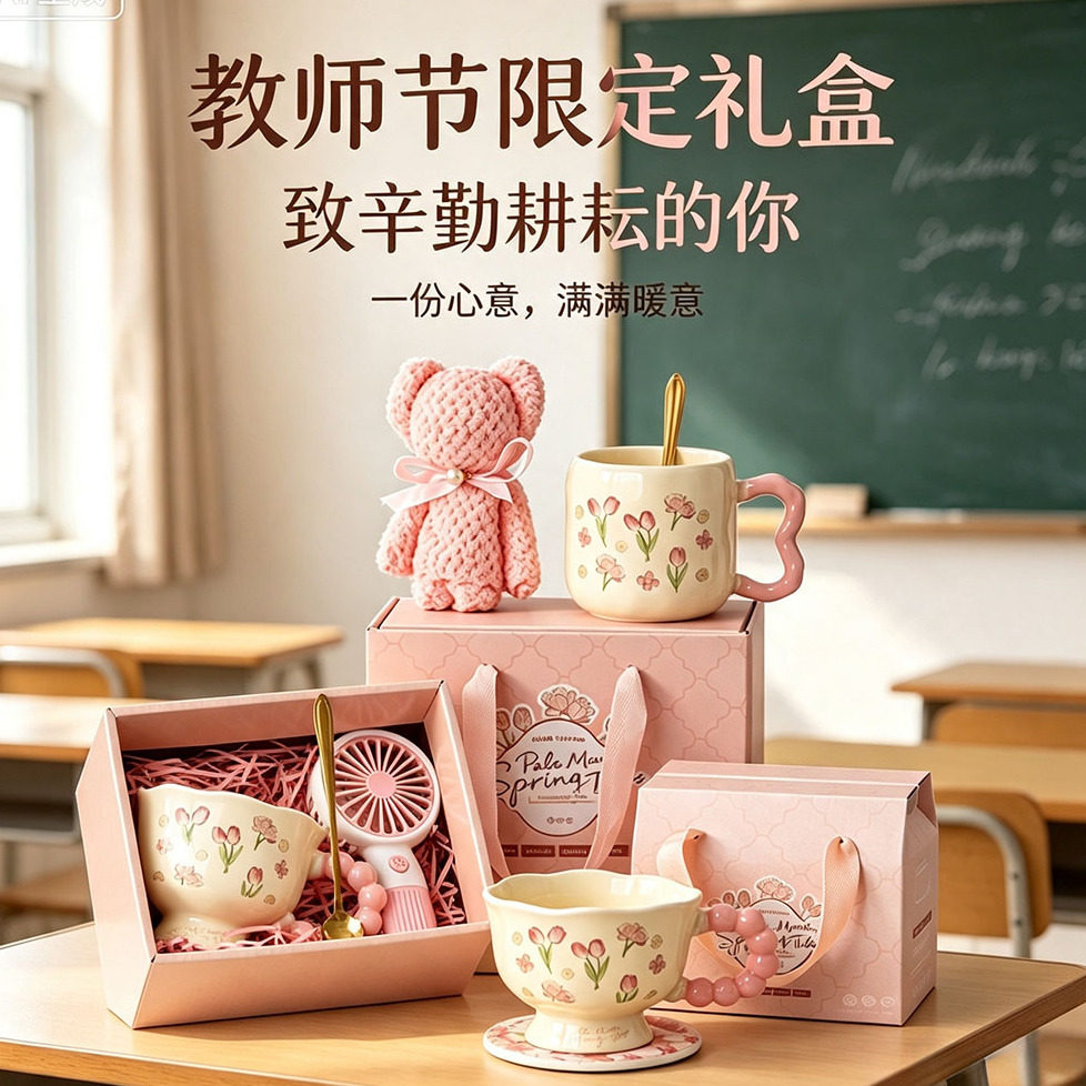 教师节礼物送女老师2026新款陶瓷马克杯小风扇创意礼盒实用高性价