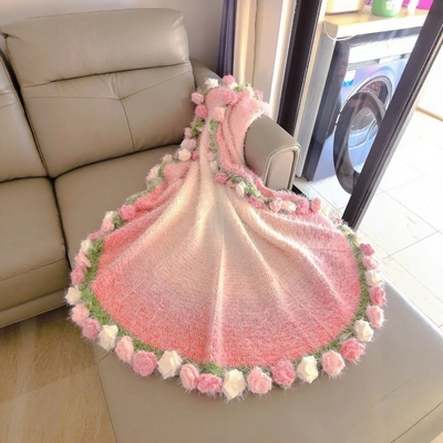 渐变粉色玫瑰花束毯子手工编织diy毛线团钩织花朵毛毯如意鸟轻岚