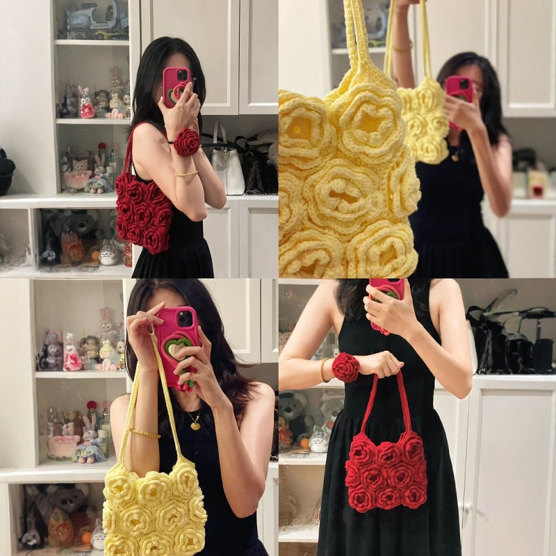 玫瑰花手工编织包包diy礼物手提