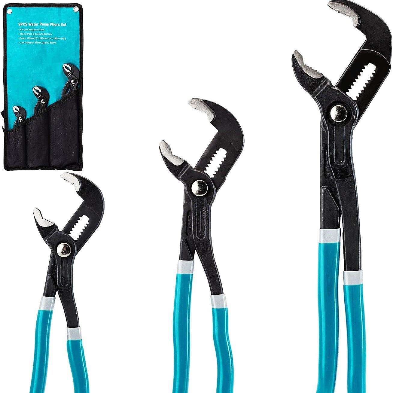 跨境快速水泵钳 蓝白柄沾塑铬钒钢按压推拉多功能水管钳家用工具