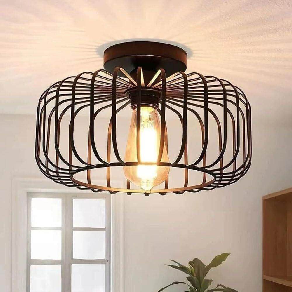 现货工业复古天花板吊灯黑色笼子灯复古餐厅卧室走廊客厅铁艺灯具
