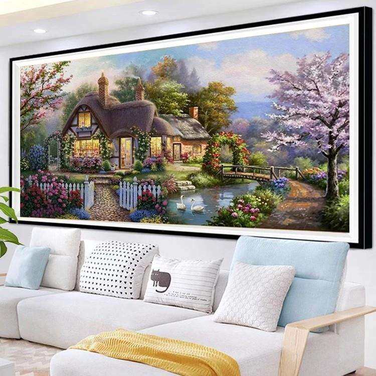 绣好的纯手工十字绣成品花园小屋梦幻家园油画客厅欧式风景画