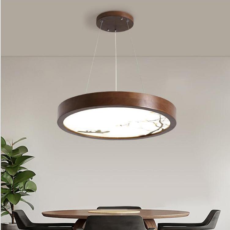新中式餐厅吊灯胡桃木色圆形led饭桌简约吧台书房中国风木艺吊灯