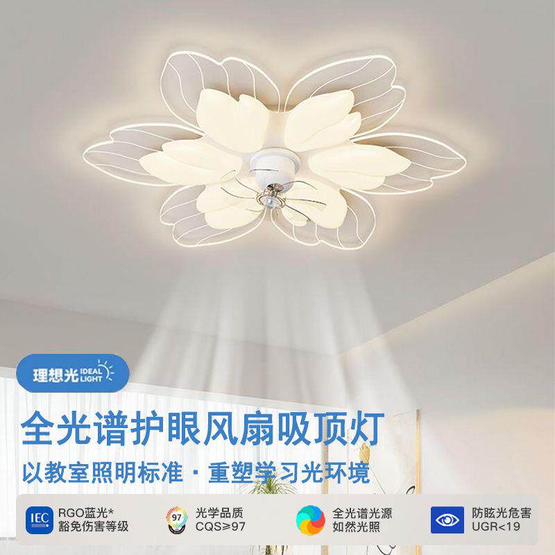 奶油风客厅风扇灯温馨花瓣卧室摇头静音吸顶灯全光谱护眼灯具套餐