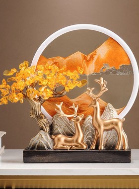 黄水晶发财树福鹿流沙画摆件客厅玄关装饰办公室乔迁开业礼物招财