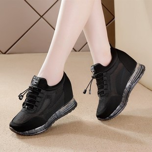 黑色内增高运动鞋女镂空网纱网鞋女鞋韩版百搭单鞋休闲鞋厚底坡跟
