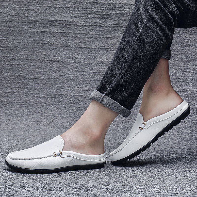 白色个性豆豆鞋男拖鞋百搭无后跟懒人试衣间办公室皮鞋半拖鞋白鞋