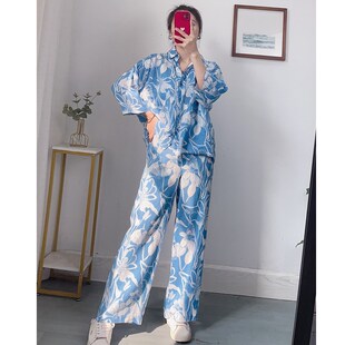 单 100亚麻J口麻苣轻盈舒爽宽松花色衬衫+阔腿裤亚麻套装