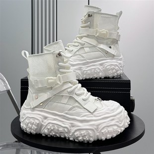 镂空马丁靴男款2025新款超火厚C底高帮鞋夏季透气厚底内增高小白