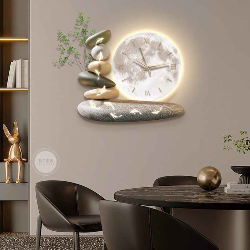 石来运转餐厅装饰画带钟表绿植饭厅挂画2024新款客厅时钟壁画画灯