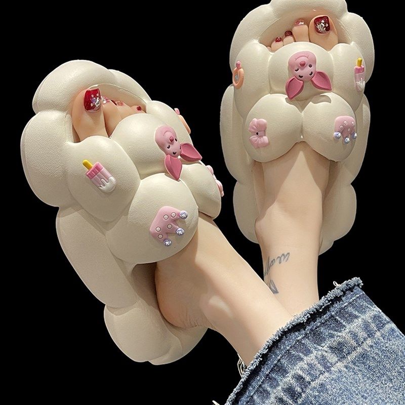 可爱小猪雨花石一字拖女夏季外穿室内居家用踩屎感厚底防滑凉拖鞋