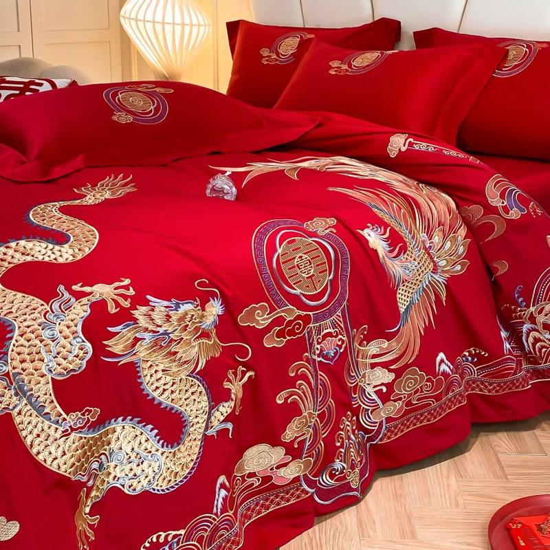 高档中式龙凤呈祥刺绣结婚四件套红色喜庆纯棉被套新婚庆床上用品