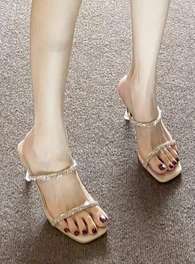 高跟凉鞋女水f钻一字带2024夏季新款气质绝美露趾外穿细跟透明拖