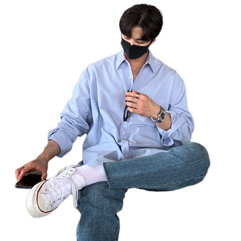 浅蓝色休闲衬衫男士高级感长袖韩版垂坠感夏天外穿春秋款男生衬衣