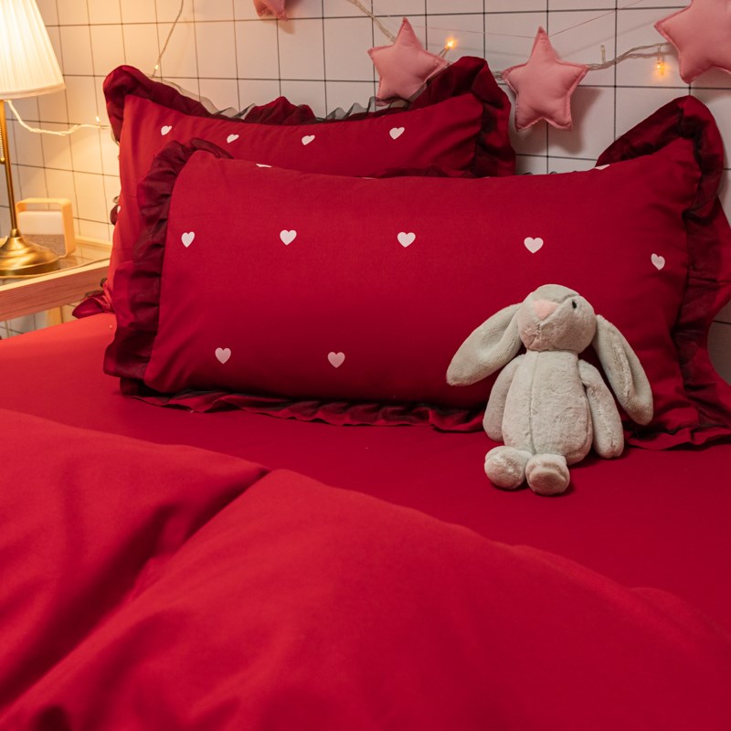 大红色婚庆四件套结婚网红被套床单水洗棉简约纯色床上新婚被罩