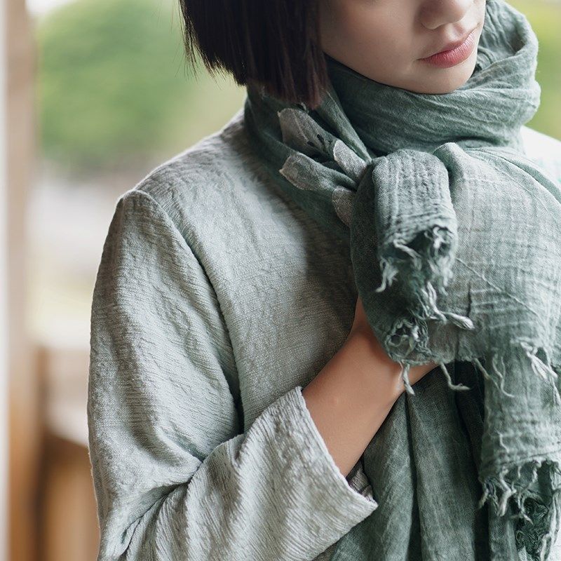 防晒丝巾护脖子做旧绿棉质围巾女褶皱田园毛边流苏夏四季百搭长款