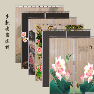 竹帘子折叠推拉家用卧室简易门客厅竹隔断卷帘养生馆移门印花侧拉