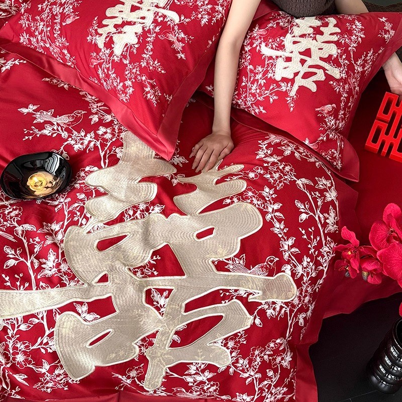 高档浪漫结婚四件套大红色新婚陪嫁被套纯棉婚庆床上用品婚房喜被