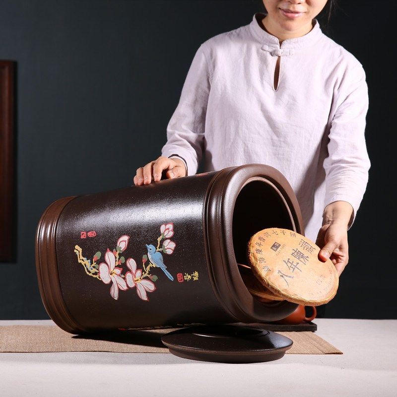 紫砂茶叶罐大号普洱密封大码茶缸宜兴手工彩绘散茶桶28饼装储存罐