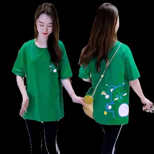 t恤女2024q年新款 半袖 夏季 中长款 体恤 圆领上衣女宽松大码 纯棉短袖