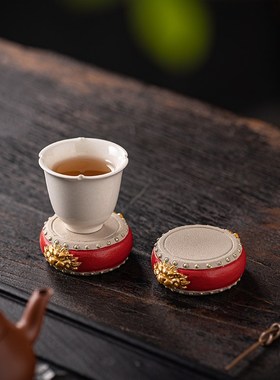 新中式创意青砂石鼓底座精品红色工D艺品茶壶茶杯盖置摆件底托底