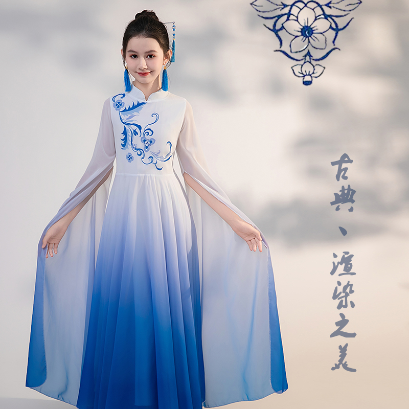 儿童古筝演出服中国风o古典大摆裙民族风礼服女童中大童独奏表演