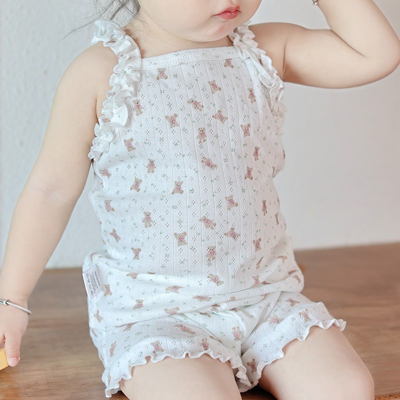 夏季宝宝吊带套装女孩花边婴幼儿木耳边M背心短裤两件套睡衣薄