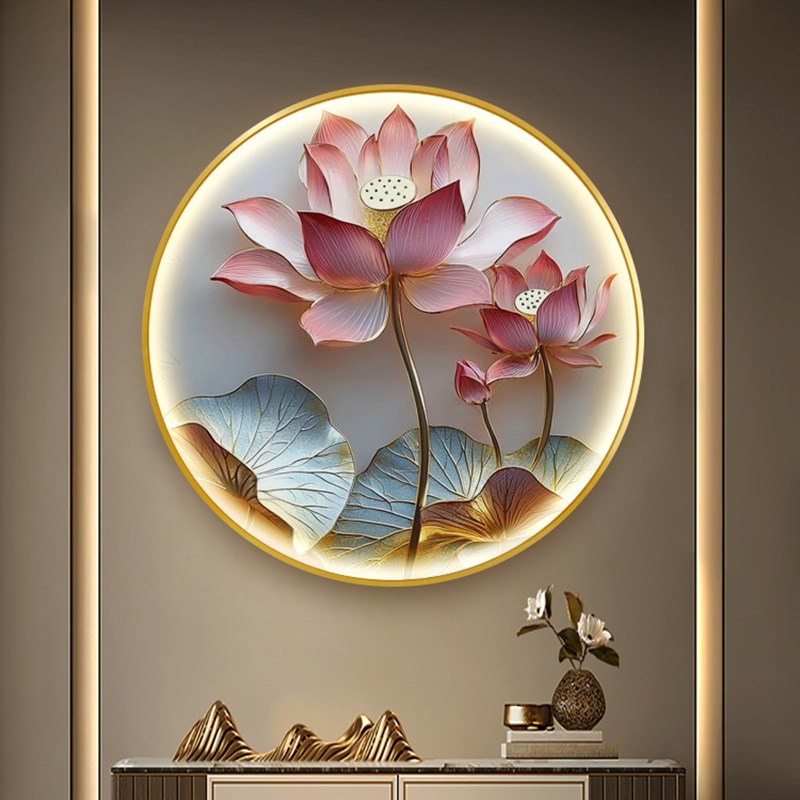 中国风荷花餐厅挂画新中s式圆形玄关带灯装饰画客厅艺术LED灯壁画图片