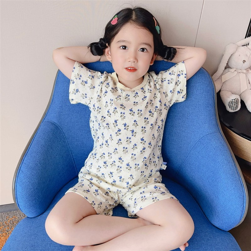 网红女童甜美可爱小碎花家居服透气K薄款男童卡通睡衣套装