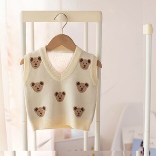 儿童春秋针织毛线马甲小童洋y气卡通狗熊线衣男女宝宝内搭套头背