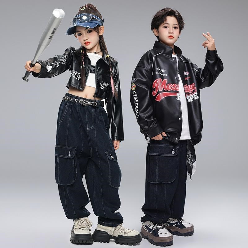 街舞儿童潮服男童酷帅机车皮夹克架子鼓服女孩爵S士舞走秀表演出