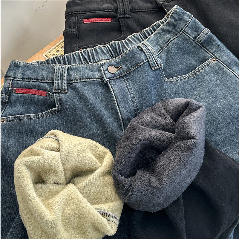复古蓝阔腿牛仔裤女秋冬加绒大码胖mEm高腰宽松显瘦直筒休闲长裤