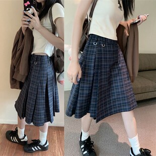 美式格子高d腰中长款百褶裙半身裙女大码显瘦日系学院风A字裙伞裙