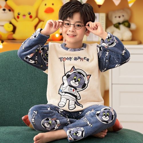 秋冬季胖c儿童睡衣男孩珊瑚绒加厚加绒中大童青少年小学生法兰绒
