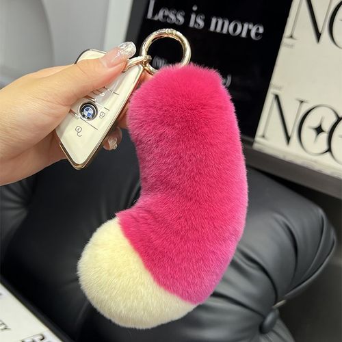 可爱真獭兔草莓色熊爪尾巴毛汽车钥匙扣挂件O毛绒玩偶情侣包包挂