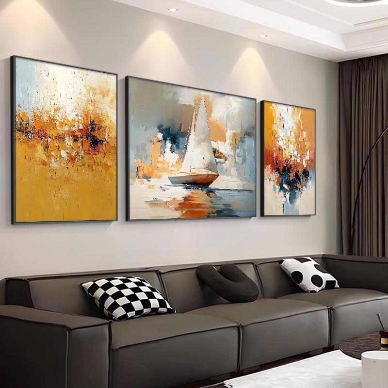 顺丰一帆风顺油画装饰画客厅现代简约沙发挂画三联帆船肌理壁画
