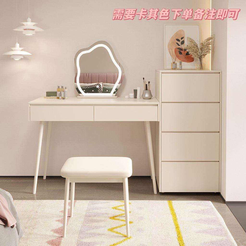 小户型实木梳妆台岩板奶油风卧室现代简约轻奢化妆台收纳柜斗柜一