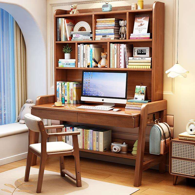 W6实木书桌书架一体简约家用小学生写字台式电脑桌卧室儿童学习桌