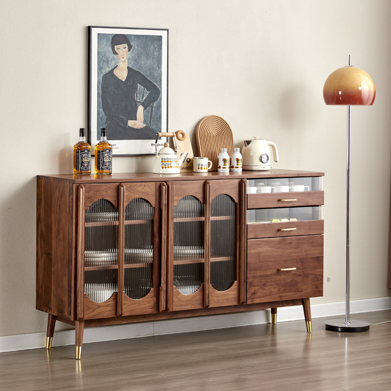 北欧实木黑胡桃木餐边柜靠墙一体储物柜樱桃木客厅酒柜收纳高柜