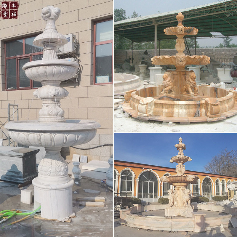 石雕狮子动物喷泉 大型欧式景观晚霞红流水喷泉 广场水景石材喷泉