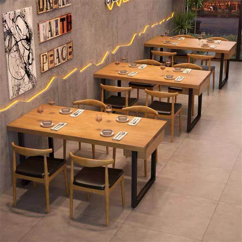 长方形实木桌椅组合简约串串火锅店带抽屉长条桌料理店商用餐桌椅