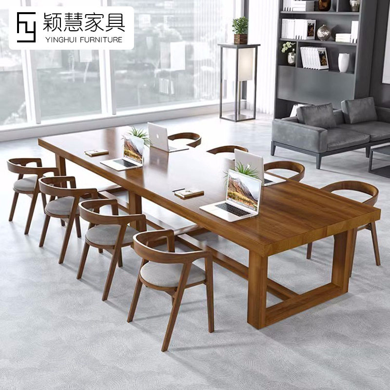 会议桌长桌现代简约办公培训桌大型工业风简易长条桌实木家具商用图片