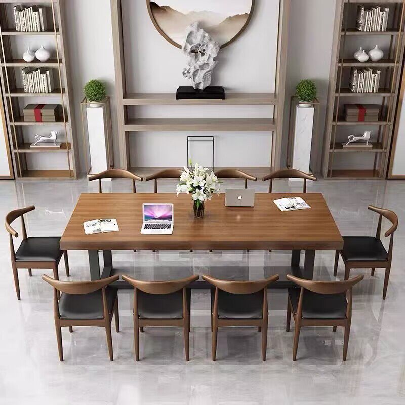 现代简约实木大板长条会议办公桌铁艺洽谈桌家用电脑桌书桌椅组合