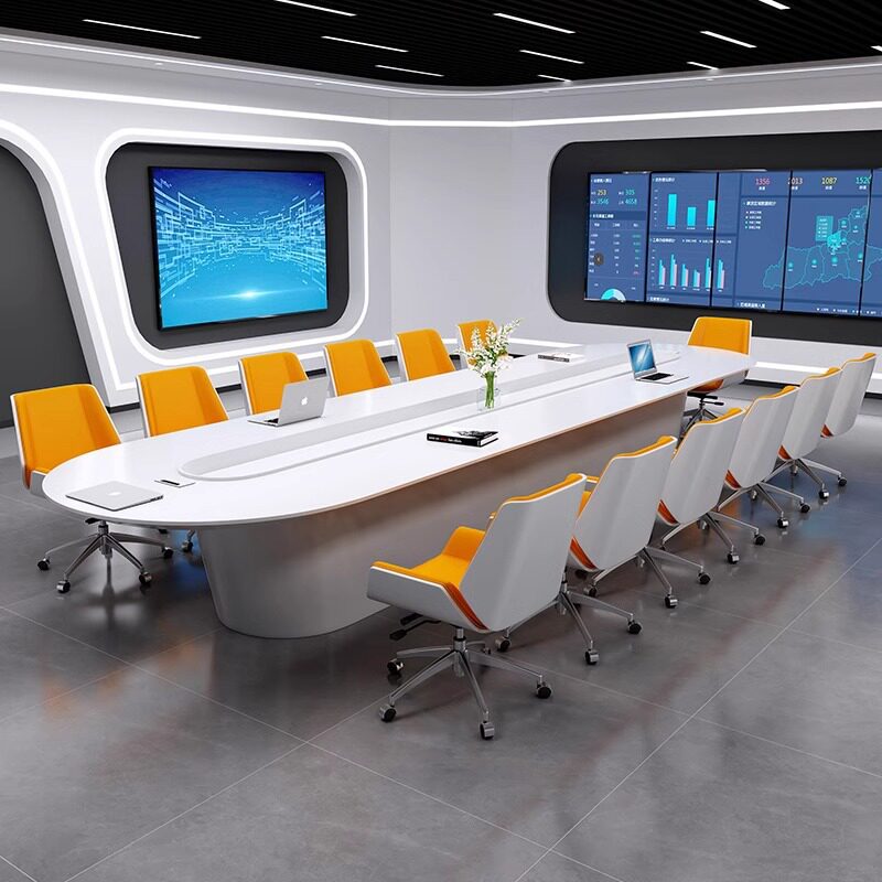 大型异型烤漆会议桌长桌简约现代会议室办公室白色烤漆桌椅组合
