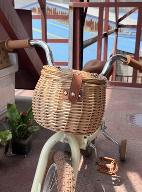 藤编柳编复古儿童自行车篮子车筐置物篮车篓带盖菜篮车把篮前筐子