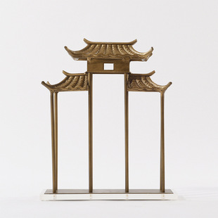 中式庭院大门古典建筑模型怀旧中国风造型摆件金色铁艺家居工艺品